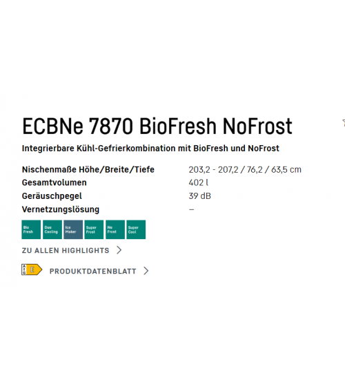 LIEBHERR利勃海尔ECBNe 7870嵌入式冰箱 生物养鲜 制冰